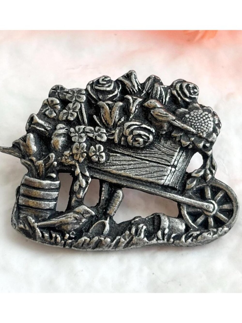 Pewter Birds & Blooms Floral Wheel Barrow 2001 Vintage Costume Jewelry Brooch